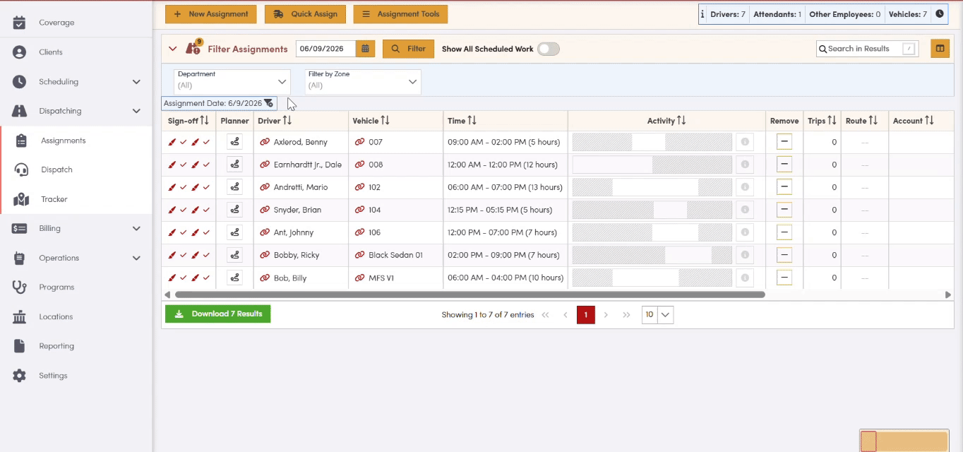 NEMT scheduling software – Quick Assign screen
